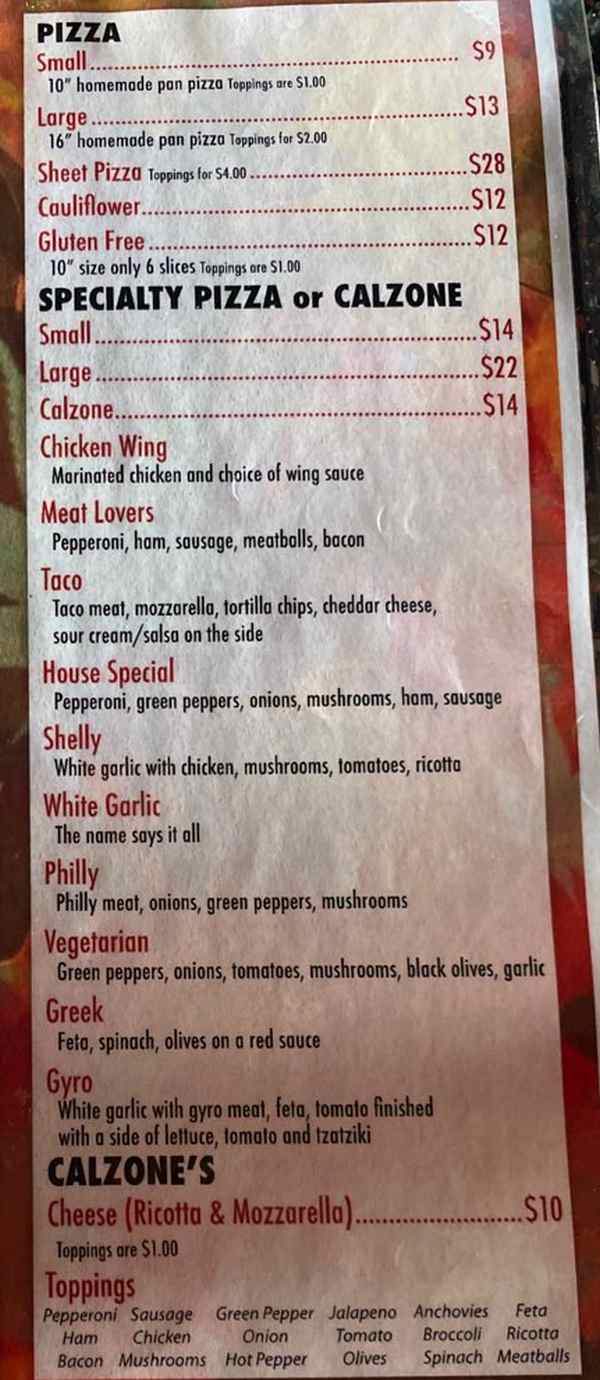 Landons Pub & Pizza menu page 1